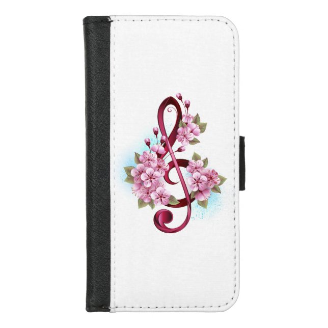 Musical treble clef notes with Sakura flowers iPhone Wallet Case (Front)