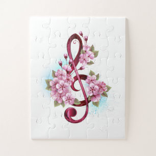 Musical treble clef notes with Sakura flowers Jigsaw Puzzle