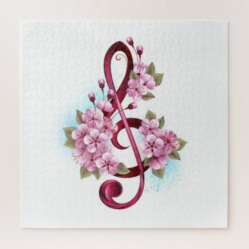 Musical treble clef notes with Sakura flowers Jigsaw Puzzle