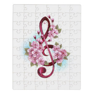 Musical treble clef notes with Sakura flowers Jigsaw Puzzle