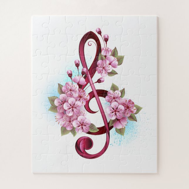 Musical treble clef notes with Sakura flowers Jigsaw Puzzle (Vertical)