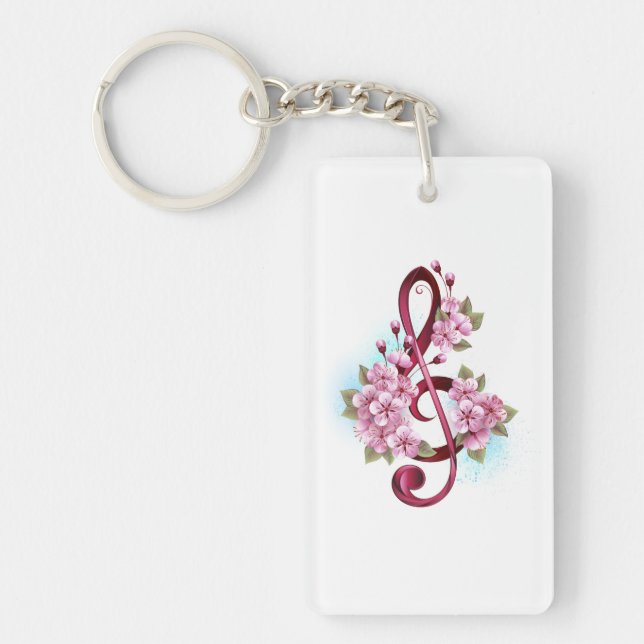 Musical treble clef notes with Sakura flowers Keychain (Front)