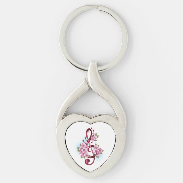 Musical treble clef notes with Sakura flowers Keychain (Front)