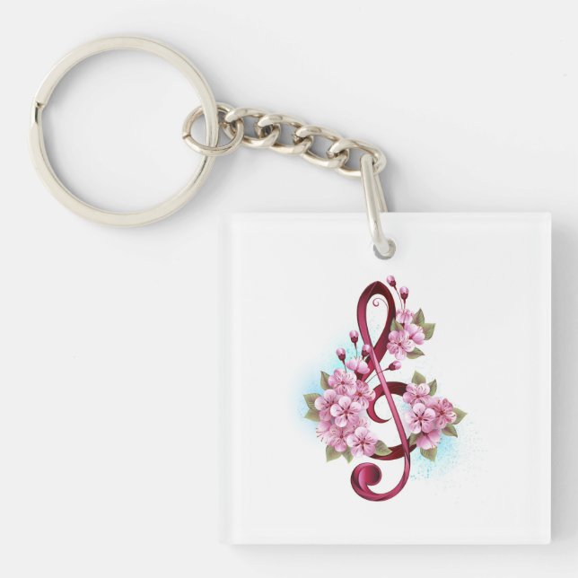 Musical treble clef notes with Sakura flowers Keychain (Front)