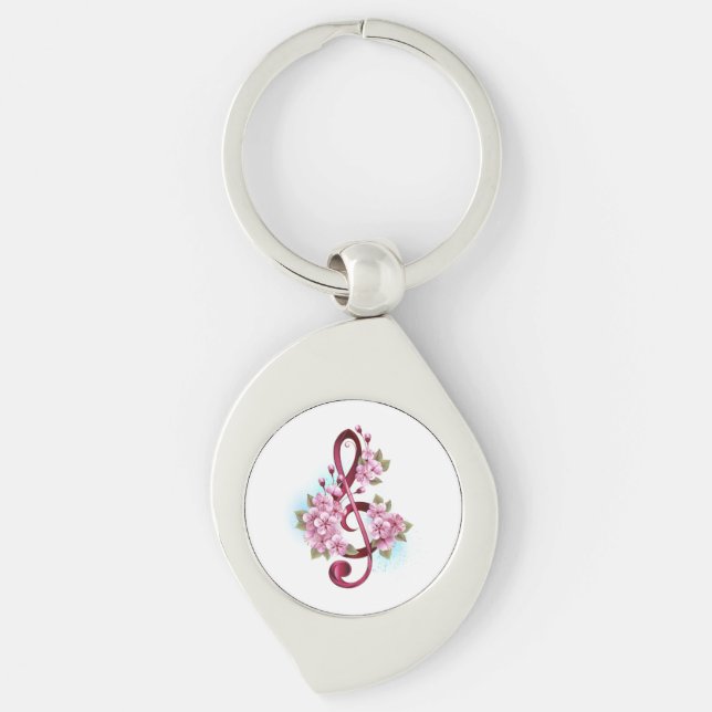 Musical treble clef notes with Sakura flowers Keychain (Front)