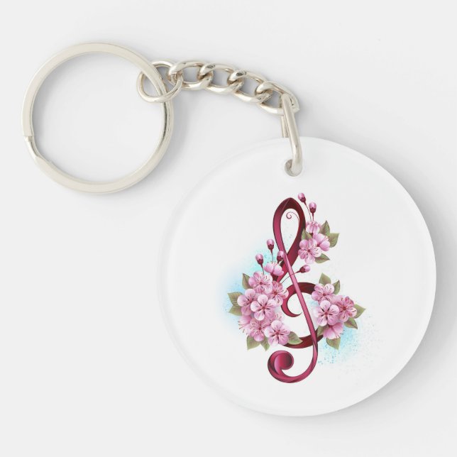 Musical treble clef notes with Sakura flowers Keychain (Front)
