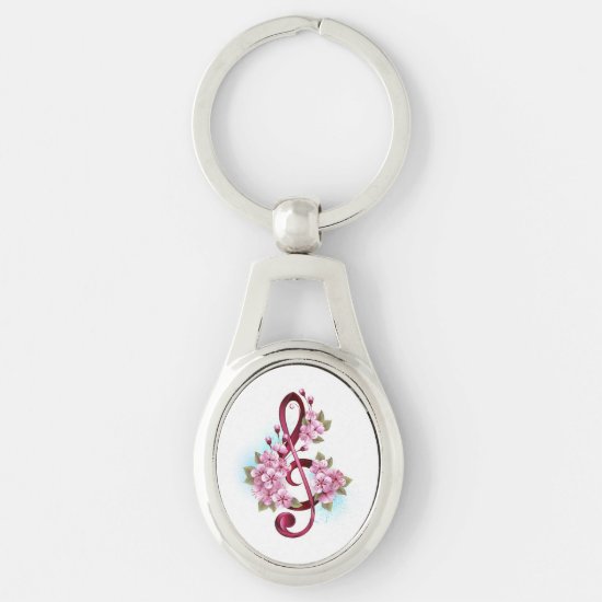 Musical treble clef notes with Sakura flowers Keychain