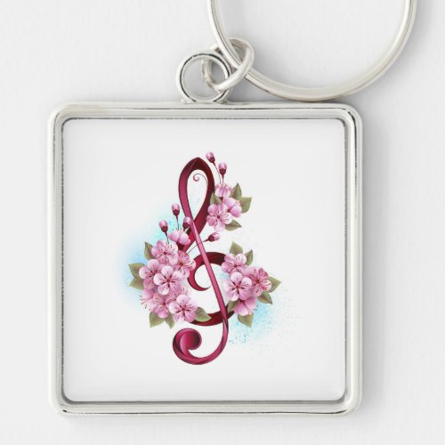 Musical treble clef notes with Sakura flowers Keychain