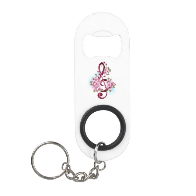 Musical treble clef notes with Sakura flowers Keychain Bottle Opener (Front)