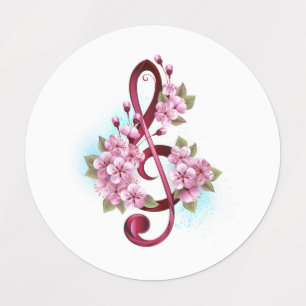 Musical treble clef notes with Sakura flowers Kids' Labels