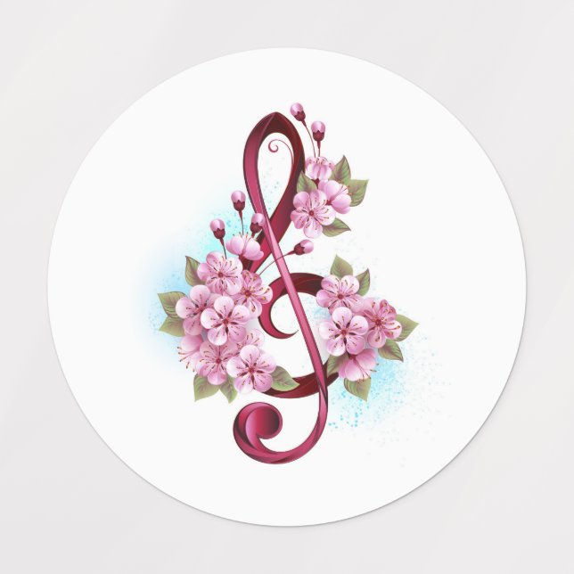 Musical treble clef notes with Sakura flowers Kids' Labels (Design 1)