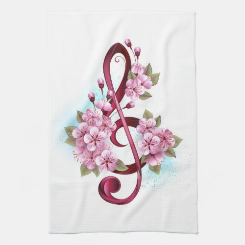 Musical treble clef notes with Sakura flowers Kitchen Towel