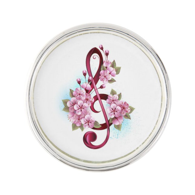 Musical treble clef notes with Sakura flowers Lapel Pin (Front)