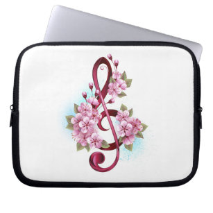 Musical treble clef notes with Sakura flowers Laptop Sleeve