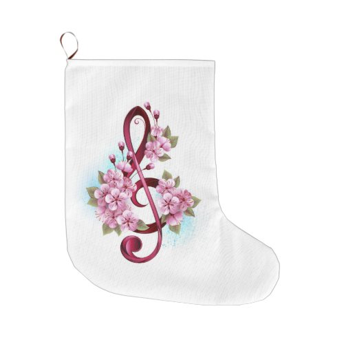 Musical treble clef notes with Sakura flowers Large Christmas Stocking