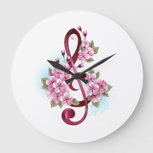 Musical treble clef notes with Sakura flowers Large Clock