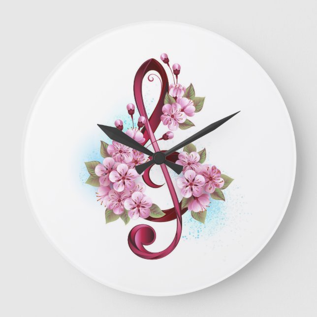 Musical treble clef notes with Sakura flowers Large Clock (Front)