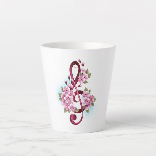 Musical treble clef notes with Sakura flowers Latte Mug (Front)