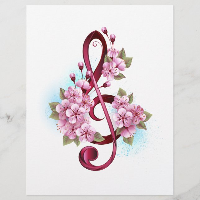 Musical treble clef notes with Sakura flowers Letterhead (Front)