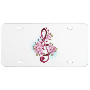 Musical treble clef notes with Sakura flowers License Plate