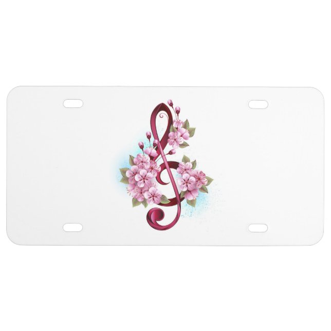 Musical treble clef notes with Sakura flowers License Plate (Front)