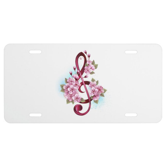 Musical treble clef notes with Sakura flowers License Plate (Front)