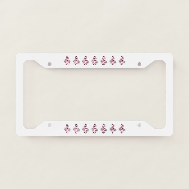 Musical treble clef notes with Sakura flowers License Plate Frame (Front)