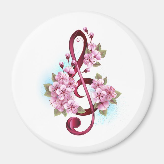 Musical treble clef notes with Sakura flowers Magnet (Front)