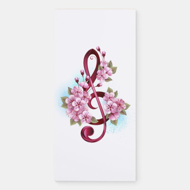 Musical treble clef notes with Sakura flowers Magnetic Notepad (Front)