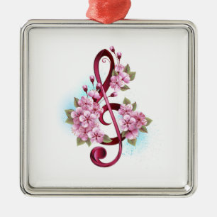 Musical treble clef notes with Sakura flowers Metal Ornament