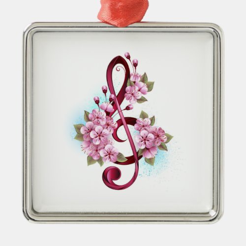 Musical treble clef notes with Sakura flowers Metal Ornament