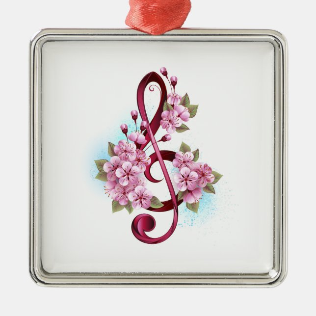 Musical treble clef notes with Sakura flowers Metal Ornament (Front)