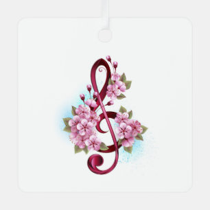 Musical treble clef notes with Sakura flowers Metal Ornament