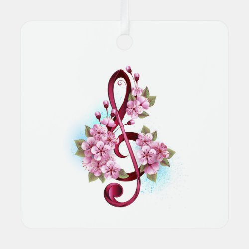 Musical treble clef notes with Sakura flowers Metal Ornament