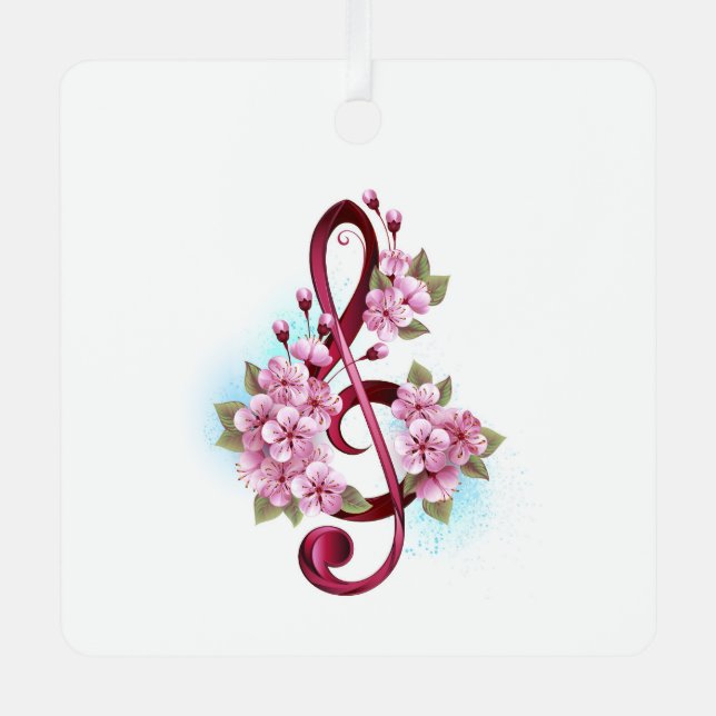 Musical treble clef notes with Sakura flowers Metal Ornament (Front)
