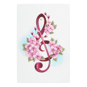 Musical treble clef notes with Sakura flowers Metal Print