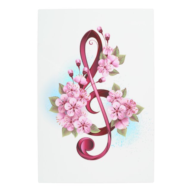 Musical treble clef notes with Sakura flowers Metal Print (Front)