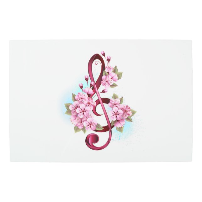 Musical treble clef notes with Sakura flowers Metal Print (Front)