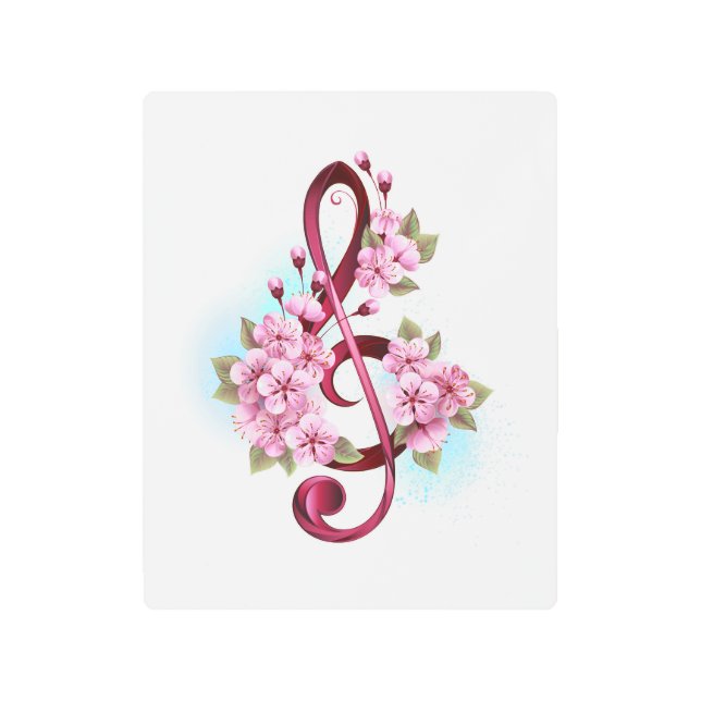 Musical treble clef notes with Sakura flowers Metal Print (Front)