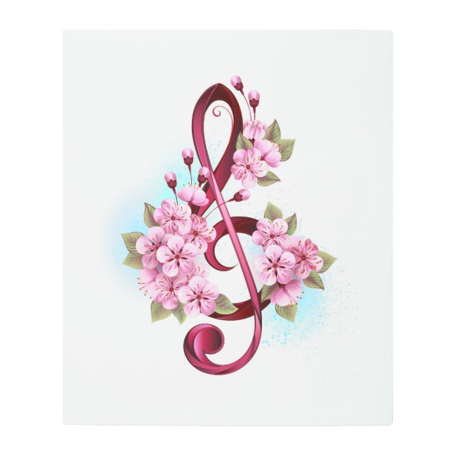 Musical treble clef notes with Sakura flowers Metal Print (Front)