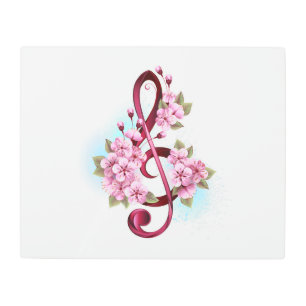 Musical treble clef notes with Sakura flowers Metal Print