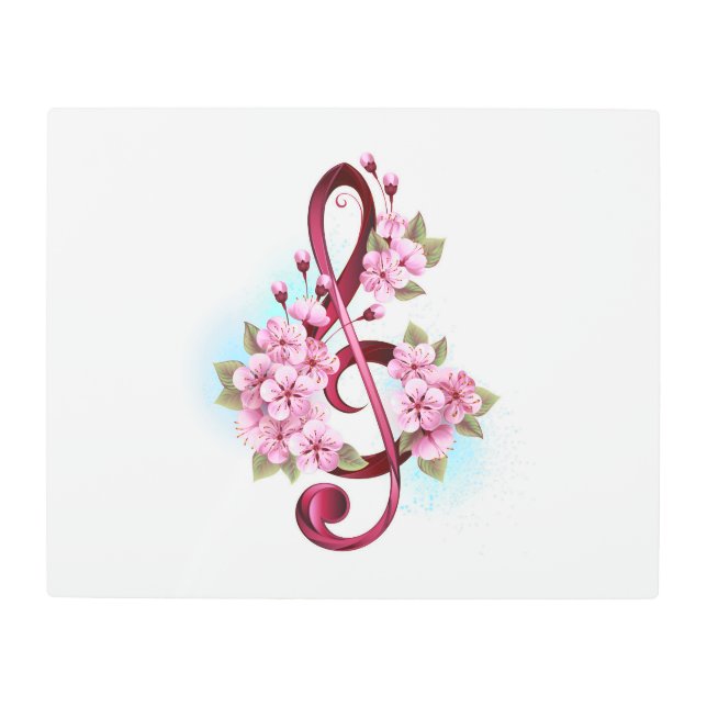 Musical treble clef notes with Sakura flowers Metal Print (Front)