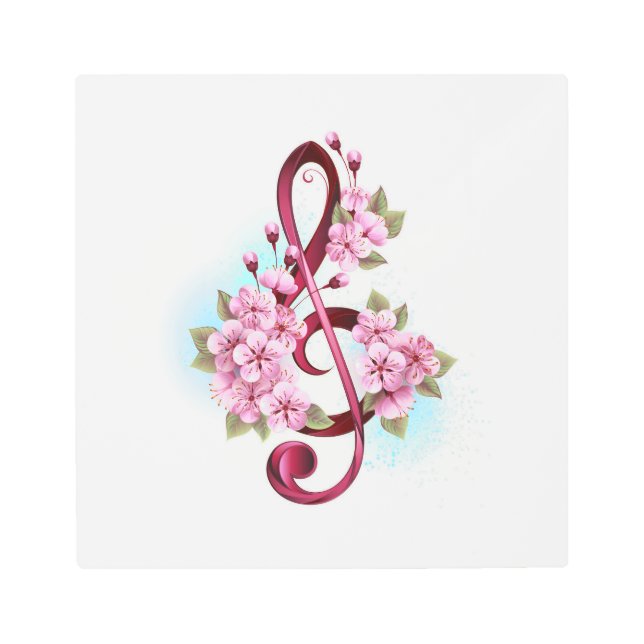 Musical treble clef notes with Sakura flowers Metal Print (Front)