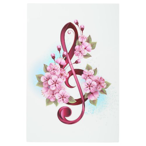 Musical treble clef notes with Sakura flowers Metal Print