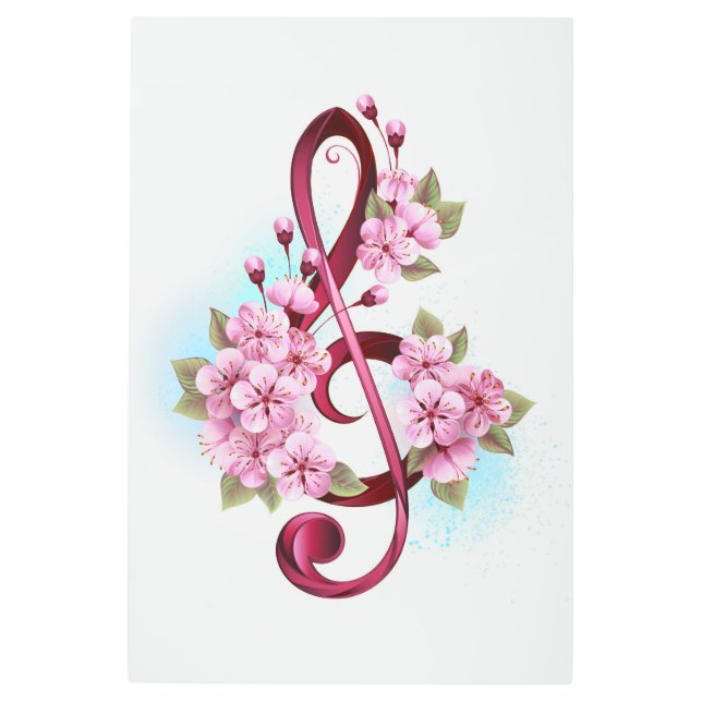 Musical treble clef notes with Sakura flowers Metal Print (Front)