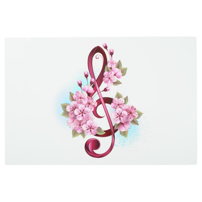 Musical treble clef notes with Sakura flowers Metal Print (Front)