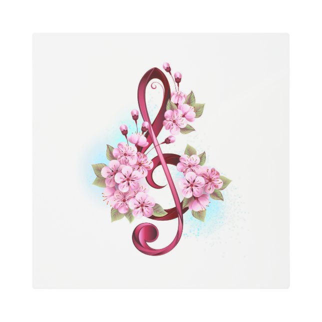 Musical treble clef notes with Sakura flowers Metal Print (Front)