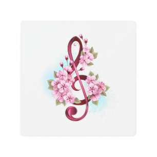 Musical treble clef notes with Sakura flowers Metal Print