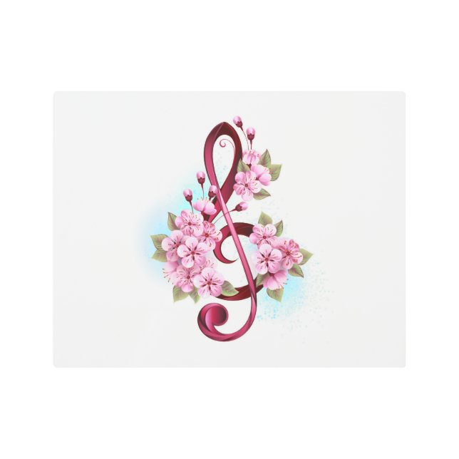 Musical treble clef notes with Sakura flowers Metal Print (Front)