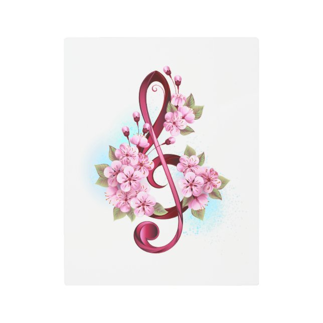 Musical treble clef notes with Sakura flowers Metal Print (Front)